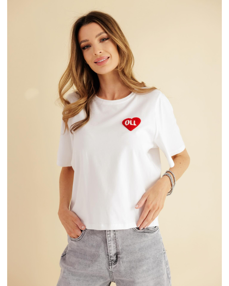 T-shirt z logowanym sercem By o la la...! śmietankowy z red kiss