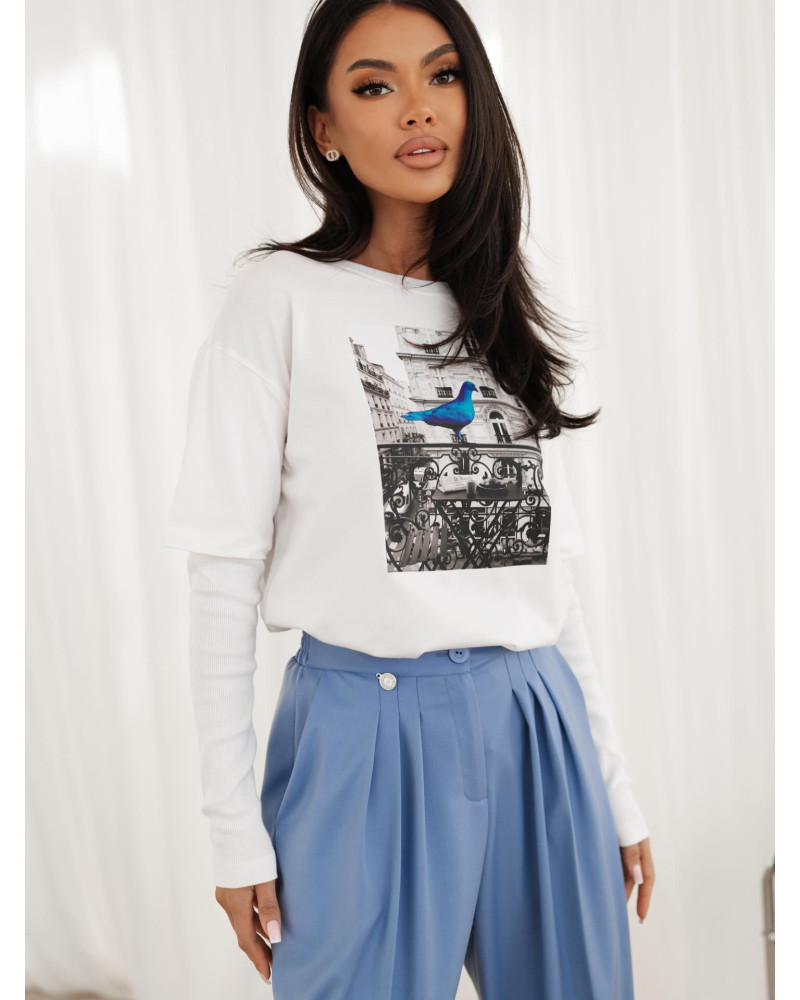 T-shirt z gołębiem By o la la...! biała z niebieskim