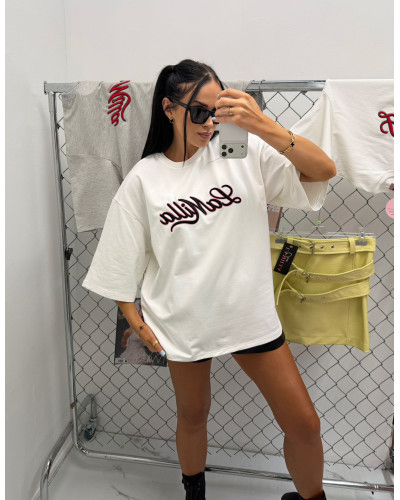 T-shirt oversize streetwear La Milla biała z czarno różowym napisem