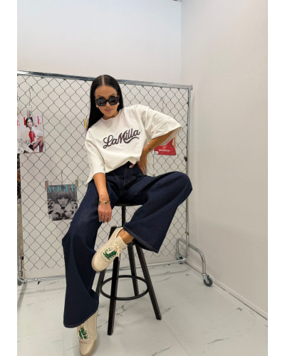 T-shirt oversize streetwear La Milla biała z czekoladowo błękitnym napisem