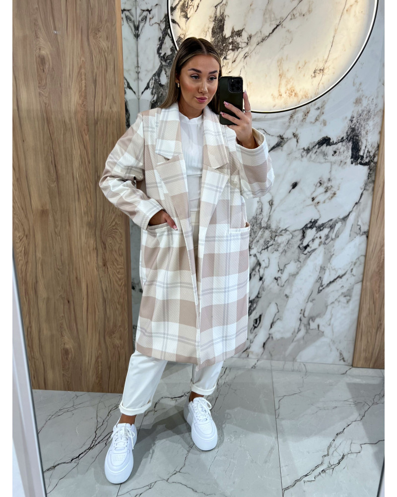 Płaszcz w kratę By o la la...! śmietankowo- beżowy