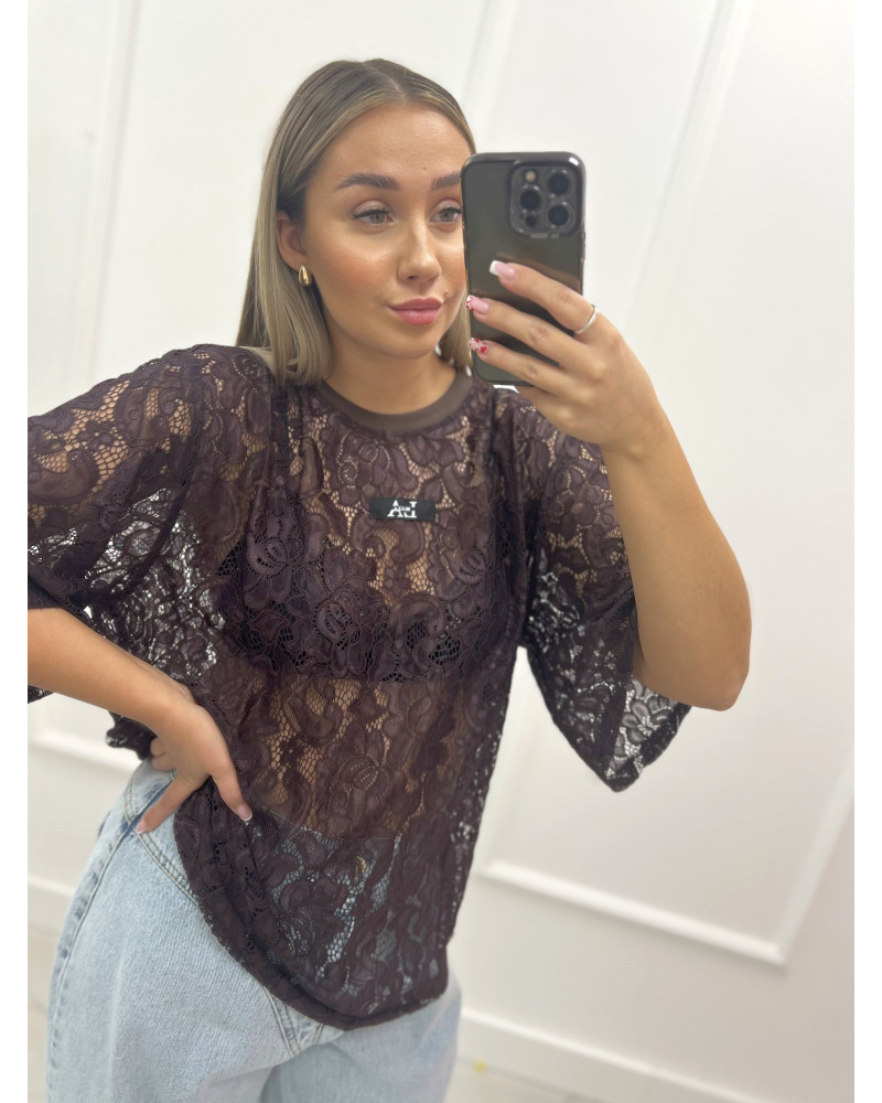 T-shirt koronkowy La Milla czekoladowy