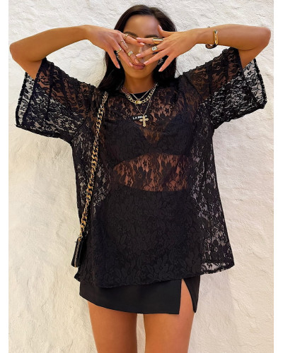 T-shirt koronkowy La Milla czarny